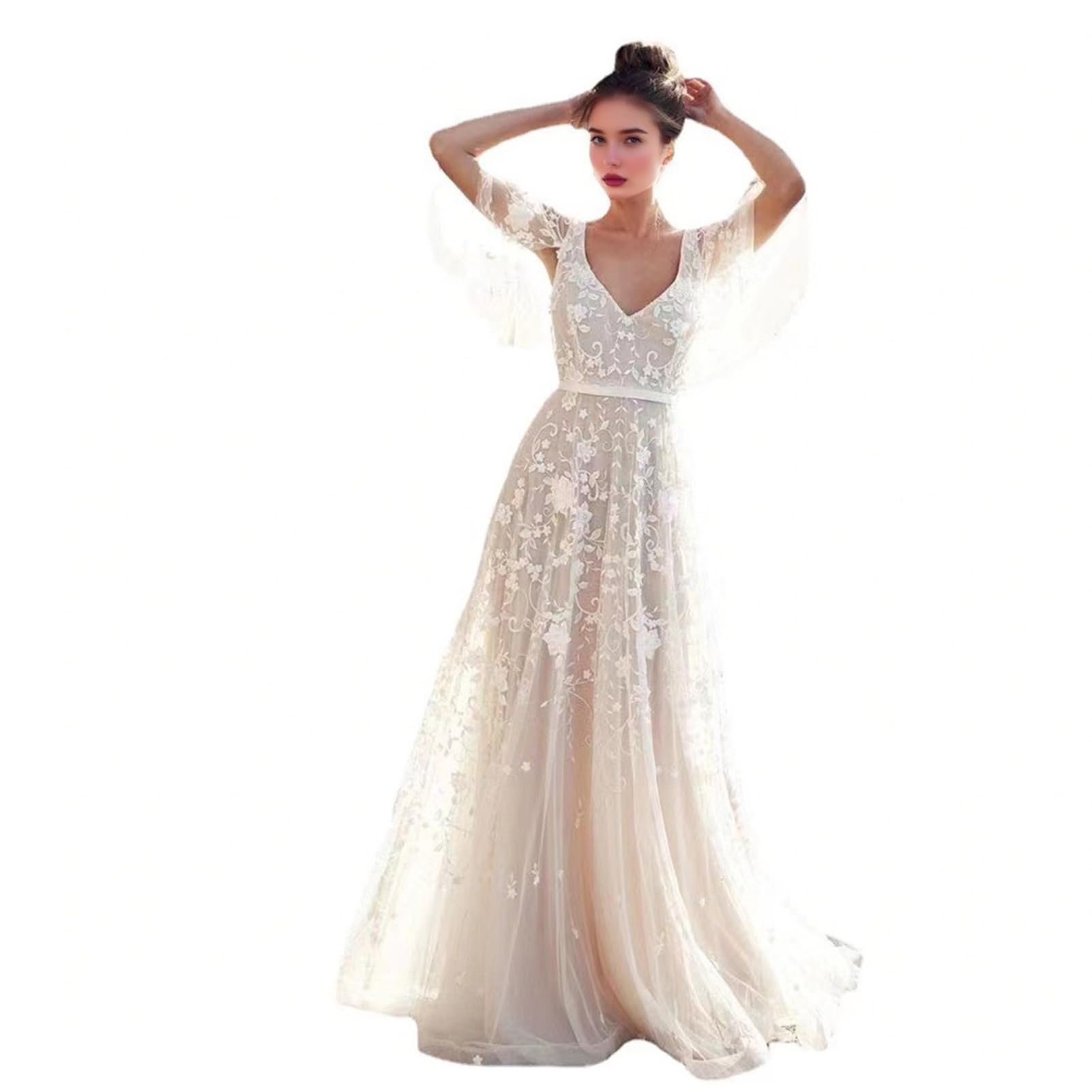 Abito da sposa con maniche svasate in pizzo, scollo a V profondo aperto sul retro Boho abito da ballo da sposa abito da spiaggia