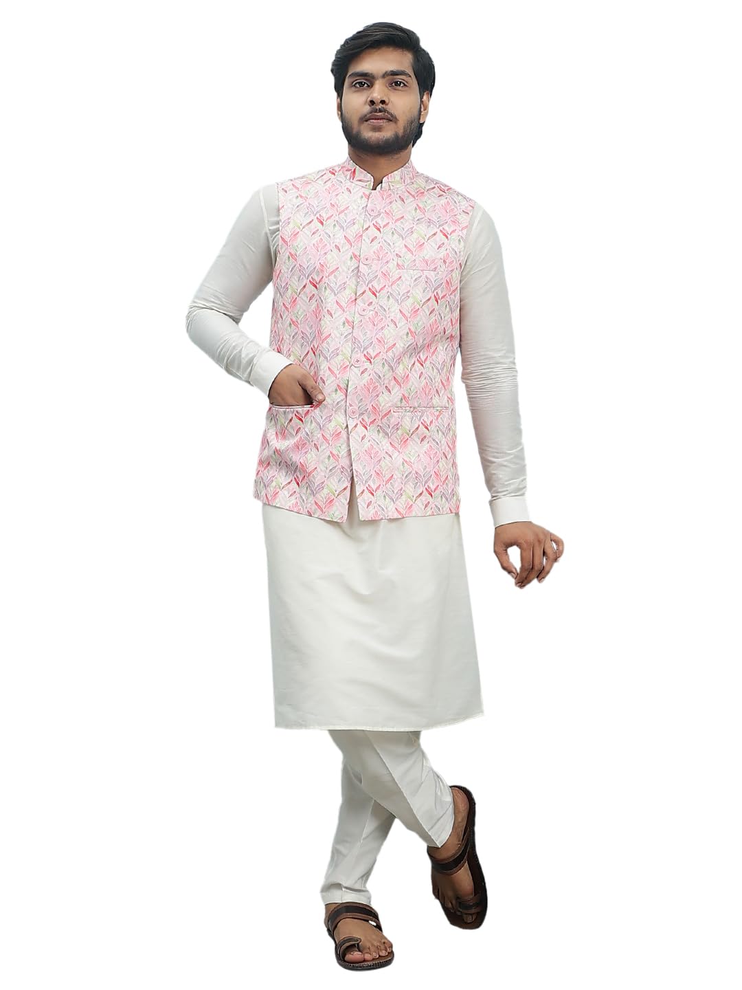 see designs Men Off White Kurta Pajama And Pink Digital Print Cotton Nehru Jacket-picture-18