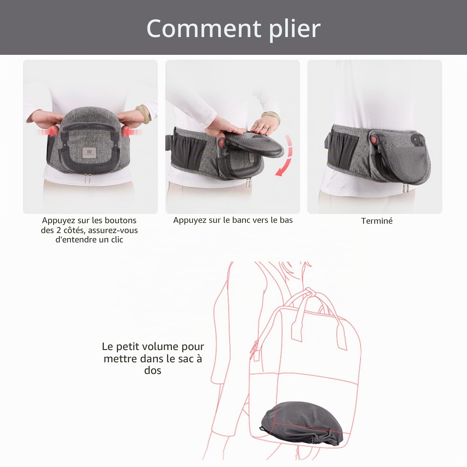 Bebamour Porte-bébé Hipseat 0-36 mois, tabouret de taille avec support dorsal léger et réglable, porte-bébé 3 en 1 siège bébé à tout-petit(New Light Grey)