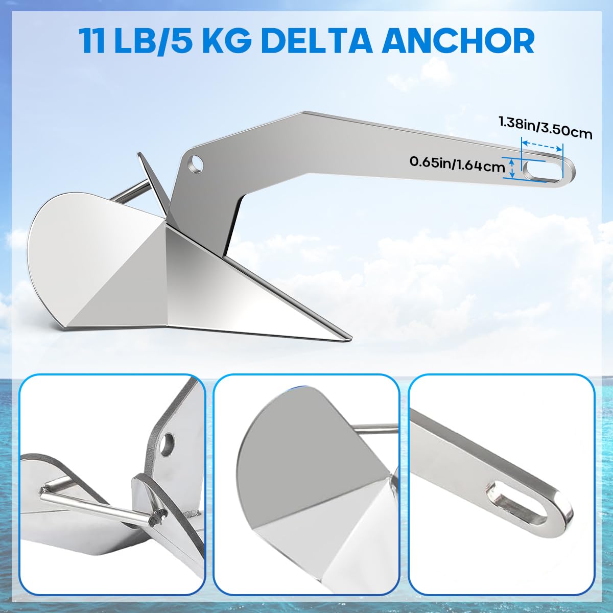 Delta Anchor - Ancre triangulaire robuste en acier inoxydable 316 de qualité marine - 5 kg, 5,9 kg, 7,3 kg, 10 kg, 15 kg, 20 kg - Pour ponton, bateaux de pêche, voiliers, petite ancre