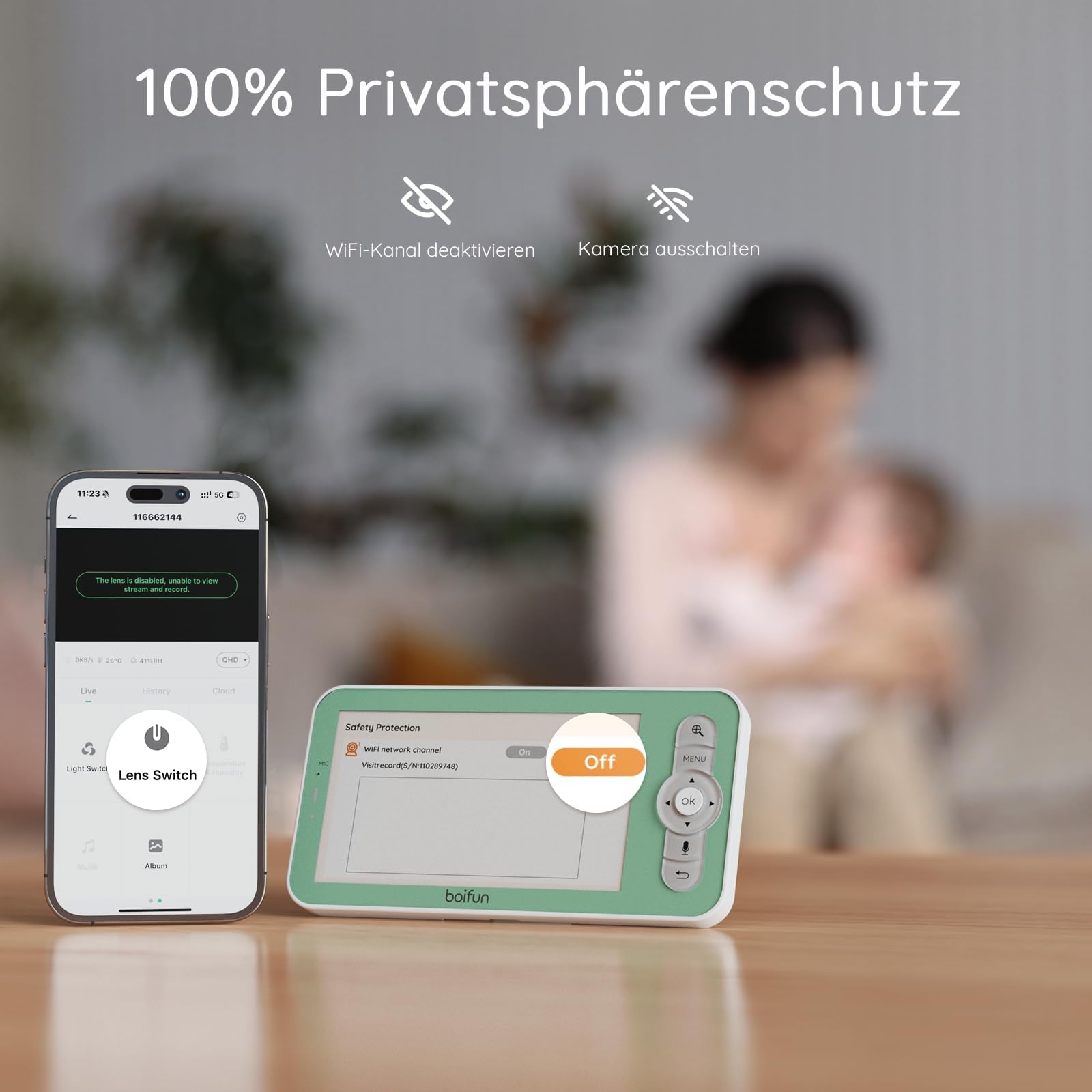 BOIFUN 2K WLAN Babyphone mit Kamera, App, 5 Zoll Bildschirm, Nachtlicht, IR Nachtsicht, 360° Kamera, Bewegungsverfolgung