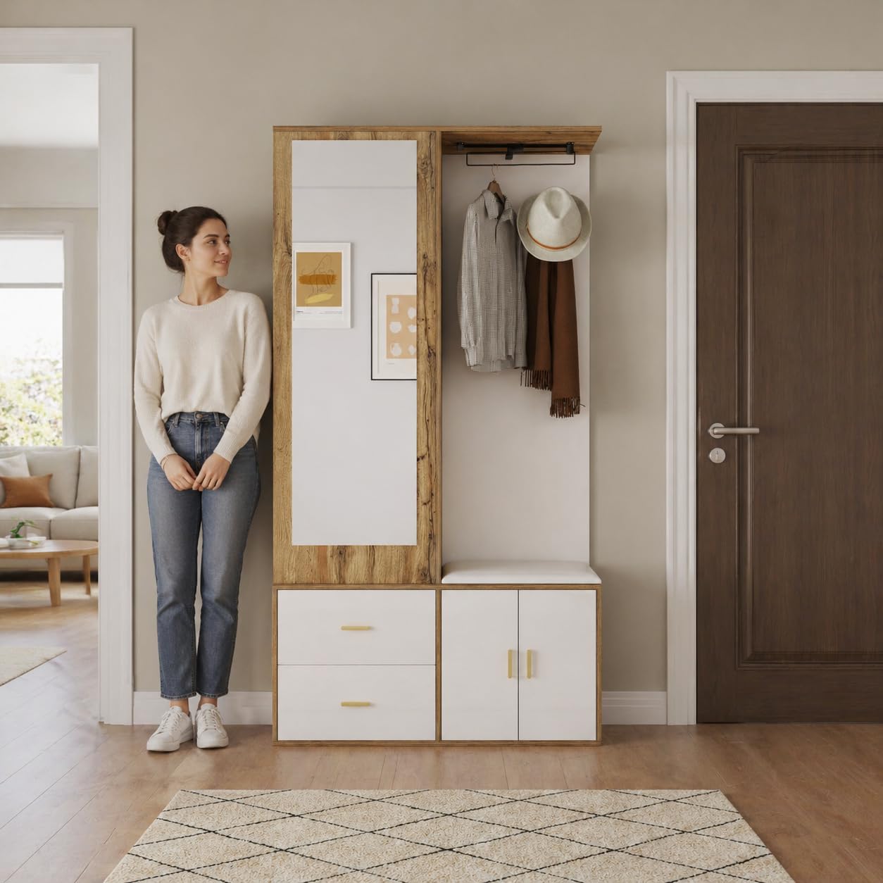 Ensemble d'armoire de Couloir - Miroir, Banc à Chaussures et Tringle à vêtements Extensible - Ensemble Moderne et Peu encombrant - en Bois Blanc