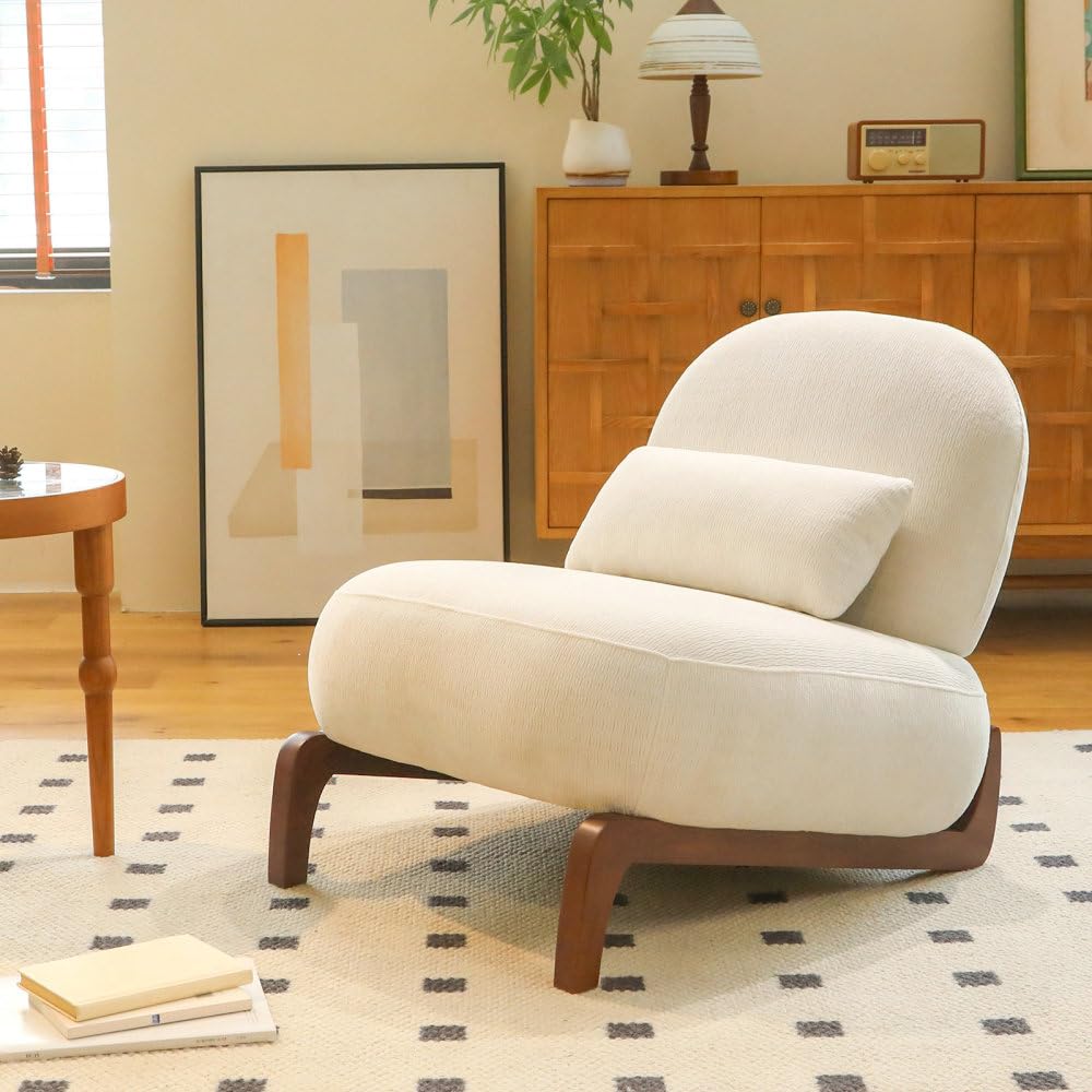 I0I&I0I Sillón de terciopelo sin marca acolchado con patas de madera, cómoda silla de acento para salón, dormitorio, balcón, sala de espera, lectura (blanco + tela + madera)