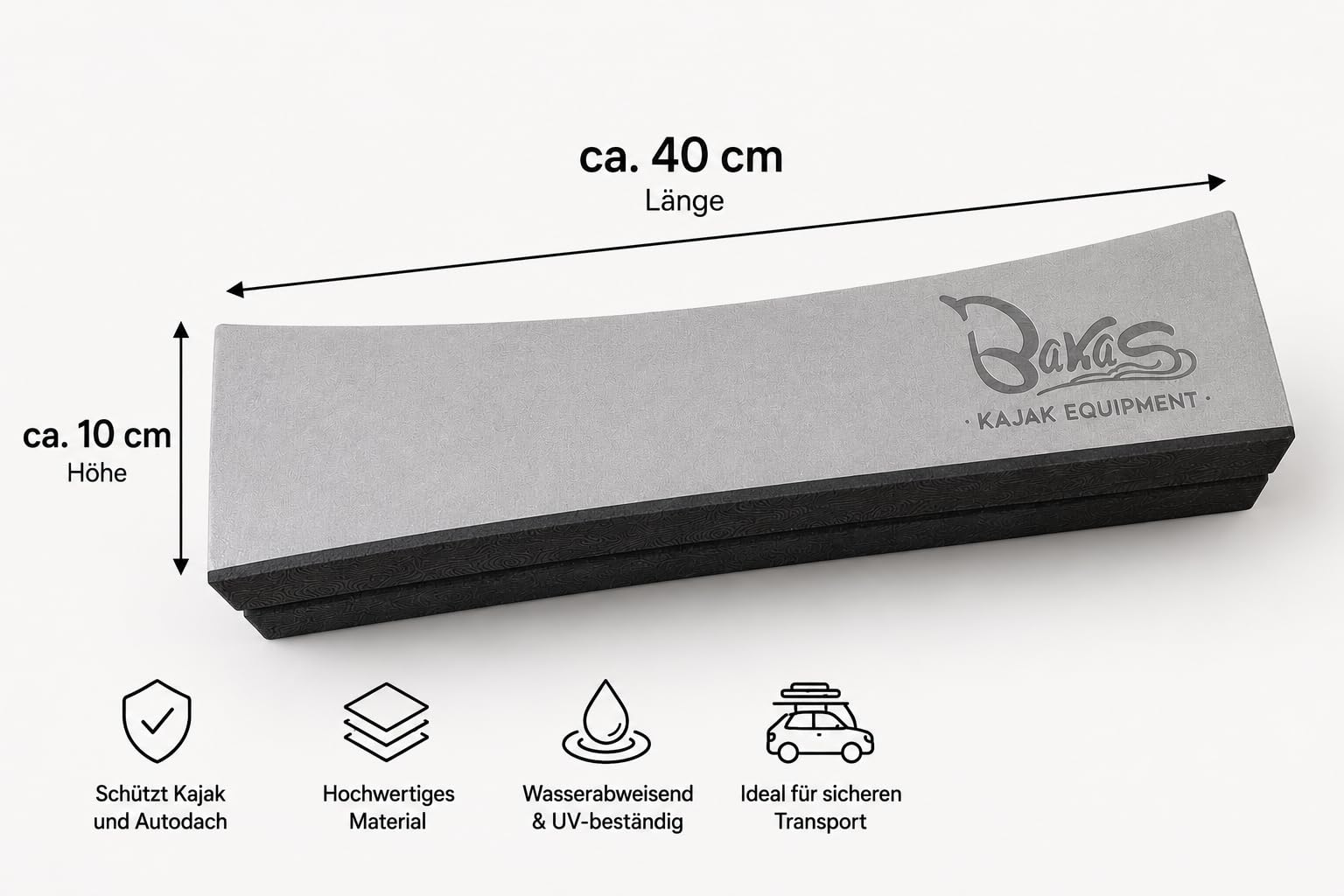 BaKaS Dachträgerpolster Rechteckig Set 40 cm 2er Komplett Set Schaumstoffpolster für Kajak Kanu Surfbrett Auto Dachträger Schutz Rechteckprofil Weich & Wetterfest Direkt auf dem Autodach Montieren