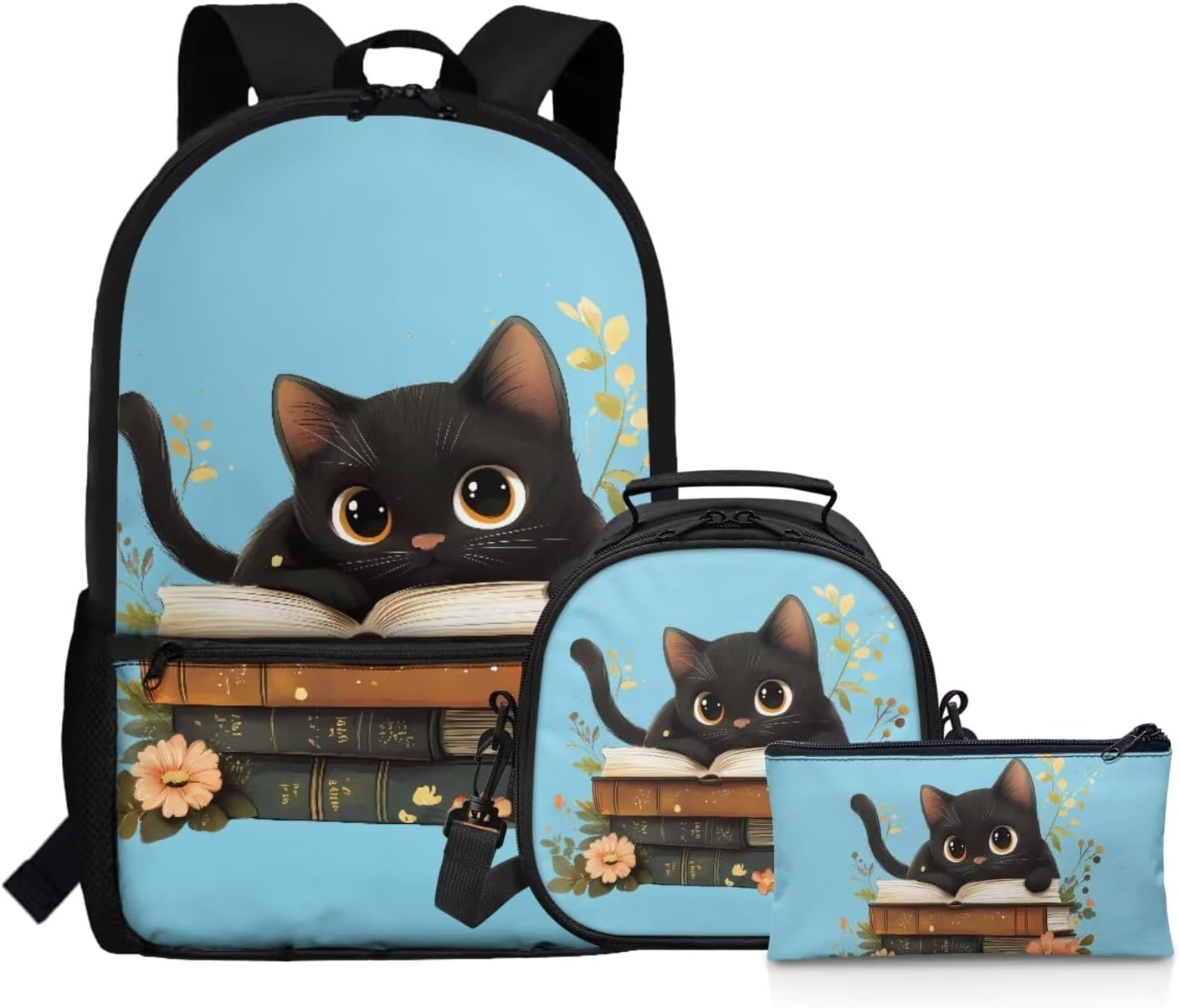 Cat Girls Backpack with Lunch Box Set Trendy Bookbag for Boys Bento Lunch Bag Soft Comfortable Kids Pencil Case Set Casual Daypack Backpacks Teen Lunchbox Pen Pouch for School