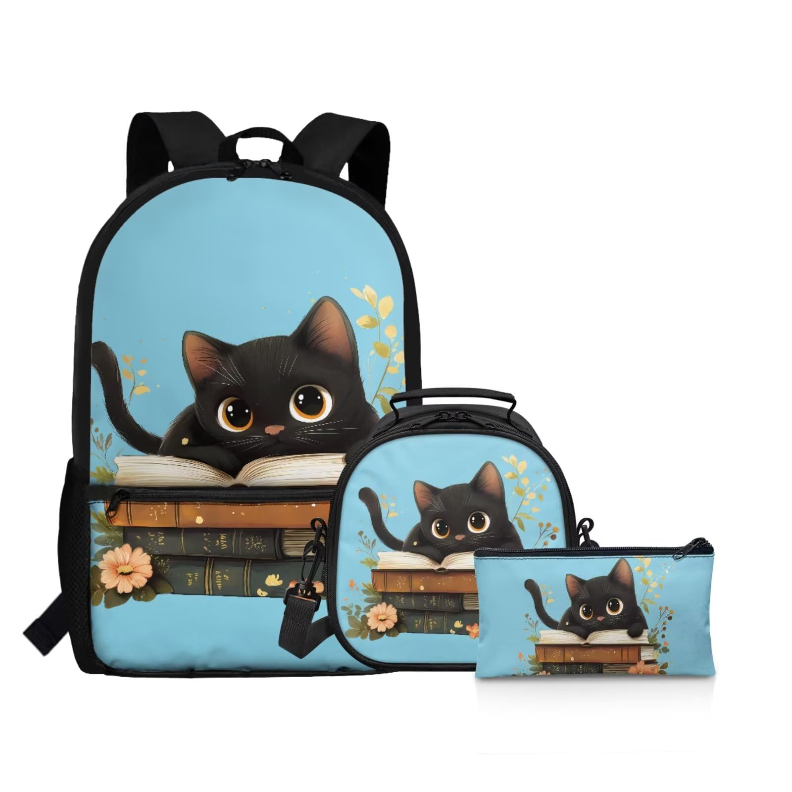 BYCHECAR Cat Girls Backpack with Lunch Box Set Trendy Bookbag for Boys Bento Lunch Bag Soft Comfortable Kids Pencil Case Set Casual Daypack Backpacks