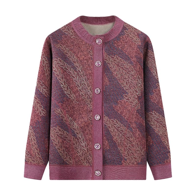 Generico Cardigan Lavorato A Maglia per Anziani E di Mezza età, Maglione Lavorato A Maglia Foderato in Pile, Girocollo, Nonna, Morbido E Caldo, con Foglie Jacquard, Top Casual per L'Autunno E L'Inv