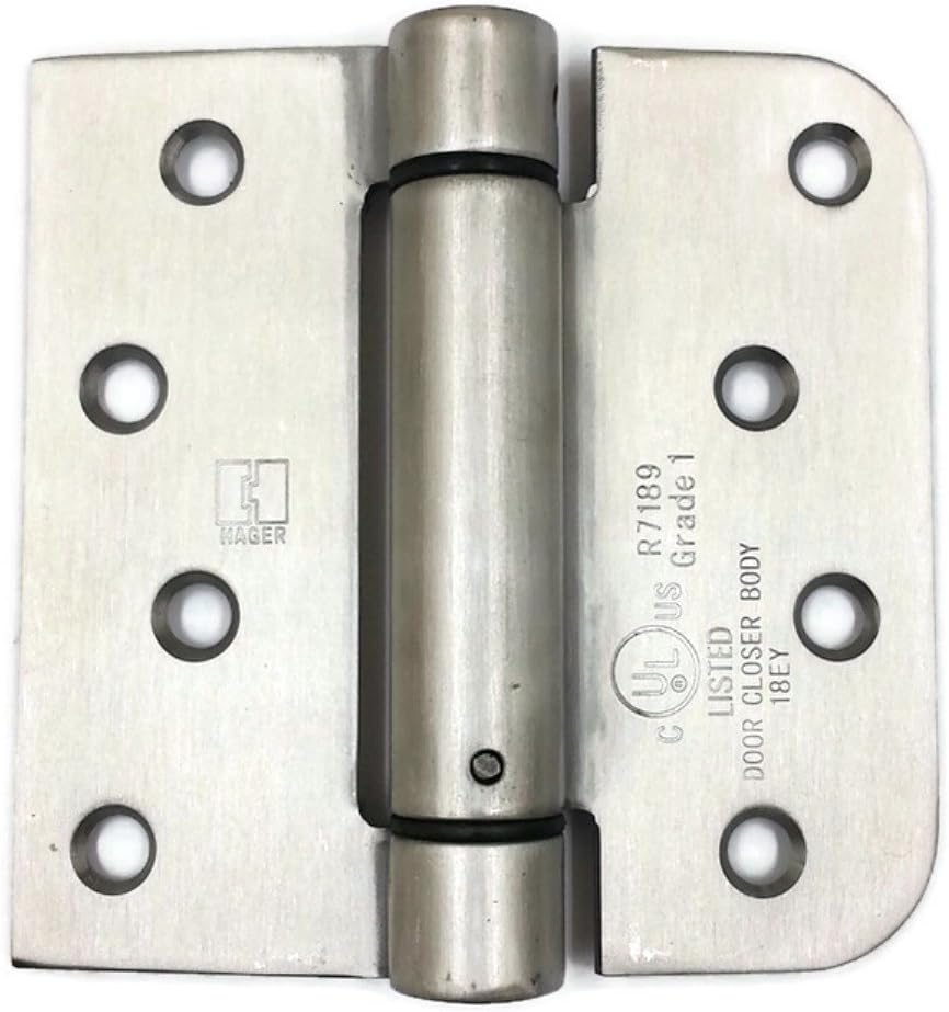 Hager Spring Hinge 1764 4 x 4 US32D Satin Stainless, 1 leaf Square Corners, 1 leaf 5/8" Radius Corners, Full Mortise, Residential - 2 per box