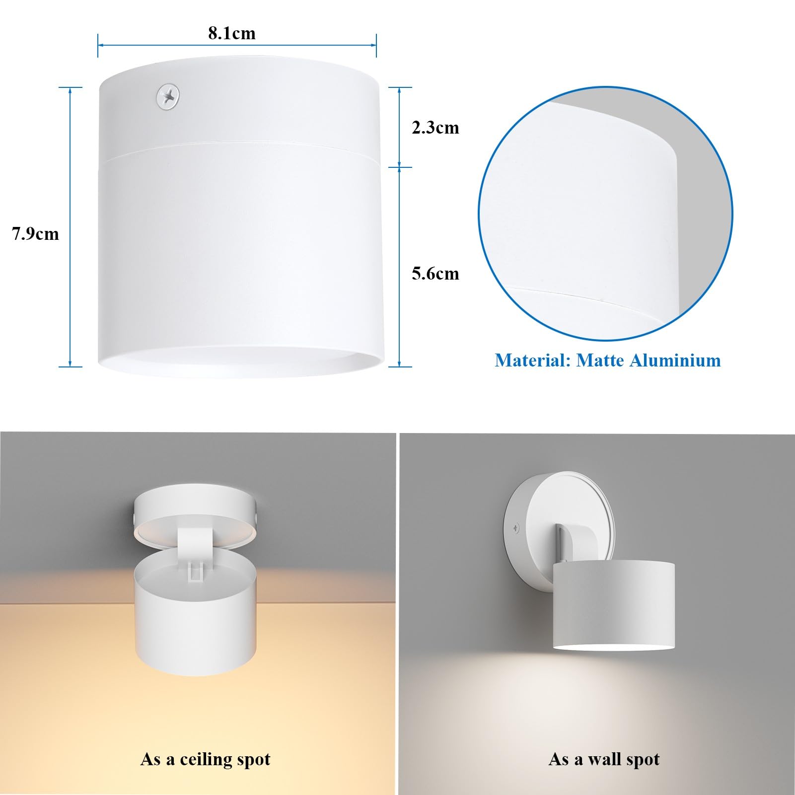Klighten 2 Pezzi Faretti da Soffitto Orientabili, Attacco GX53, Faretto da Cilindro in Alluminio, Rotondo Faretto Superficie Moderna, 81 x 79 mm, Lampadina non Inclusa, Bianco