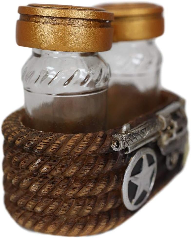Ebros Rustic Western Cowboy Decorative Six Shooter Gun Pistol Western Star And Ropes Base Holder With Bullet Primer Top Glass Salt And Pepper Shakers Sculpted Resin Figurine Set