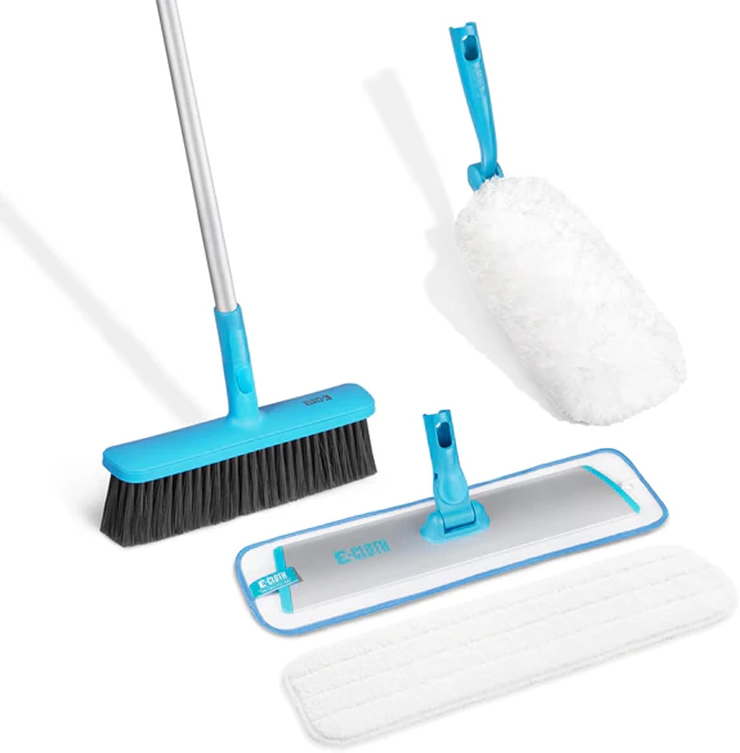 E-Cloth Easy-Click Home Cleaning Supplies Set - Dust Broom & Flat Mop Kit for Floor Cleaning, Wall, Ceiling, & Floor Duster, Adjustable Handle, Interchangeable Heads, Washable Pads, No Refills Needed