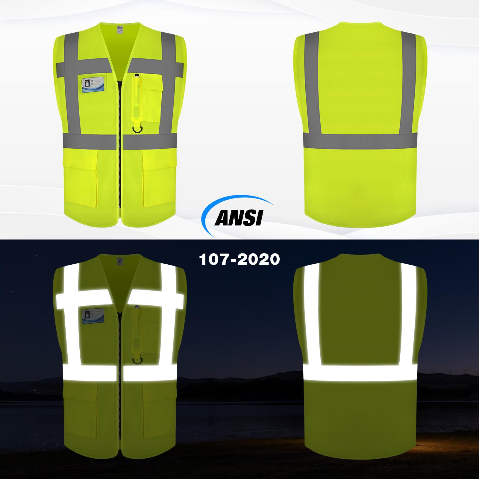 Hi Vis Vests for Men Women 9 Pockets High Visibility Safety Vest.