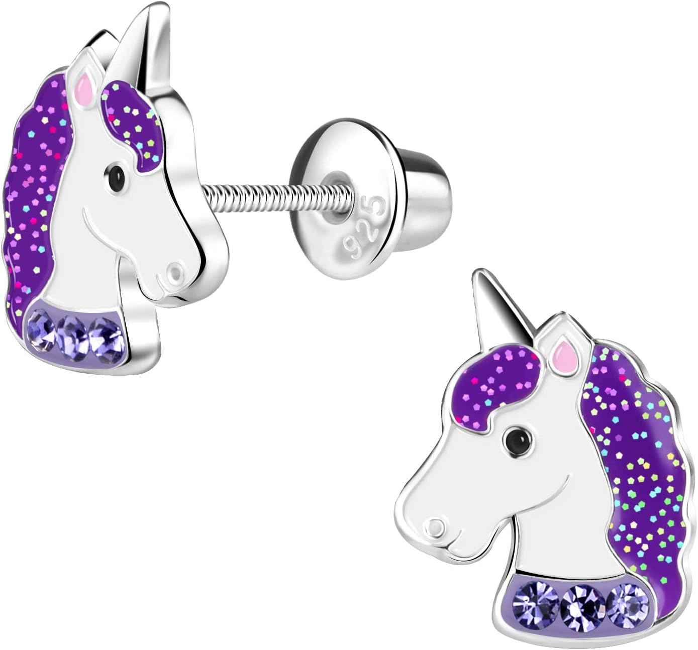 Penny & Piper Toddler Screwback Earrings Hypoallergenic for Ages +3 - Sterling Silver Earrings for Little Girls & Kids Stud Earrings - (Unicorn Glitter with Gem, 1 Pair)