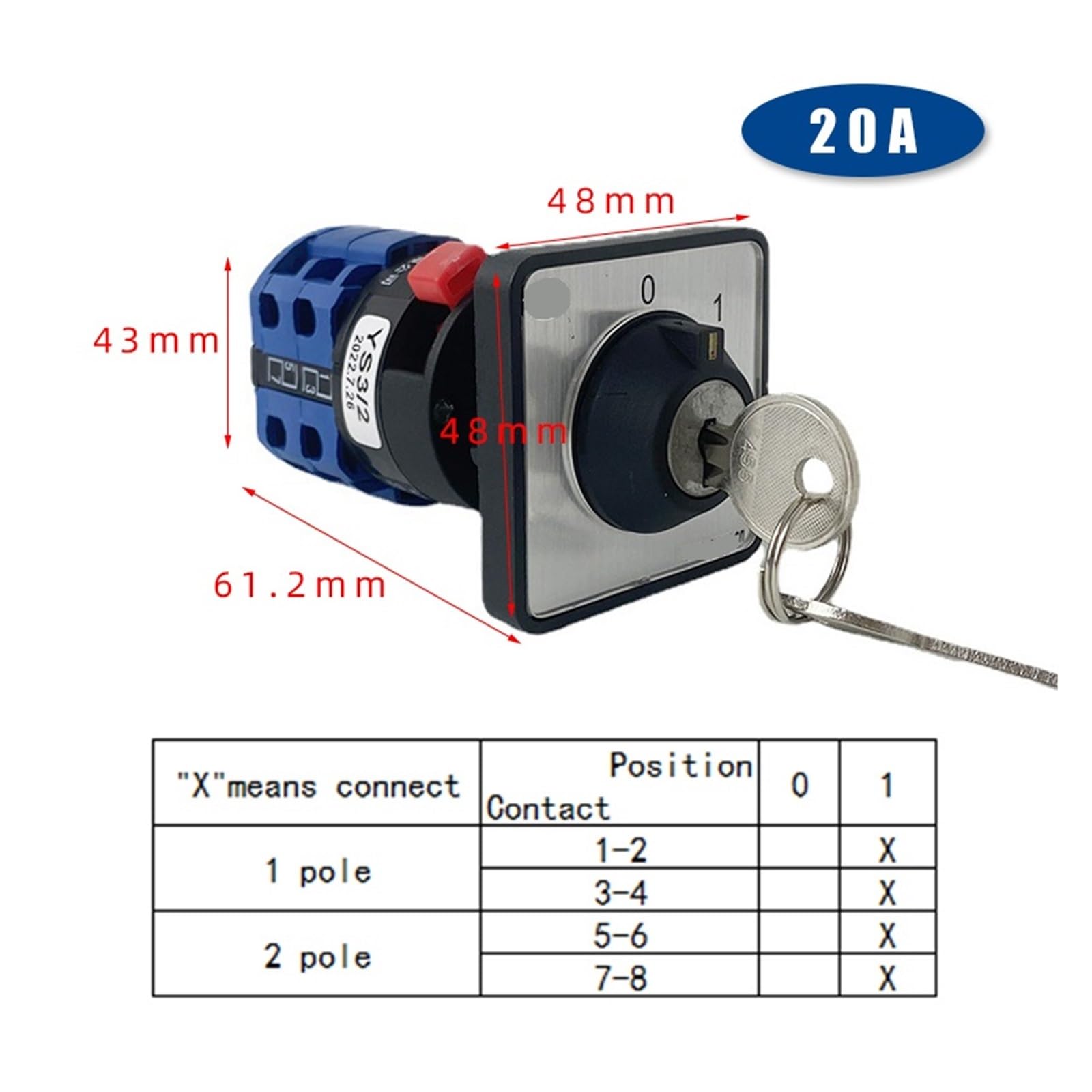 YMW26 LW26-20YS3/2S Selector Universal de un Solo Orificio con Llave, Dos Polos, 2 Posiciones, 0-1, Apagado/Encendido, Interruptor de Leva Giratorio de 20 A.