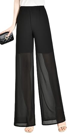 Womens Chiffon High Waist Stylish Wide Leg Mesh Pants Elastic Waist Trousers