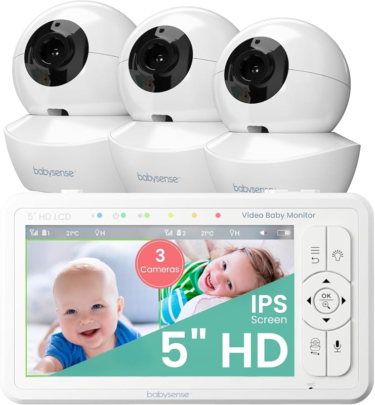 Monitor para bebés con pantalla dividida HD de 5", monitor para bebés con video con cámara y audio, tres cámaras HD con PTZ remoto, luz nocturna, alcance de 960 pies, audio bidireccional, zoom 4X, visión nocturna, batería de 4000 mAh