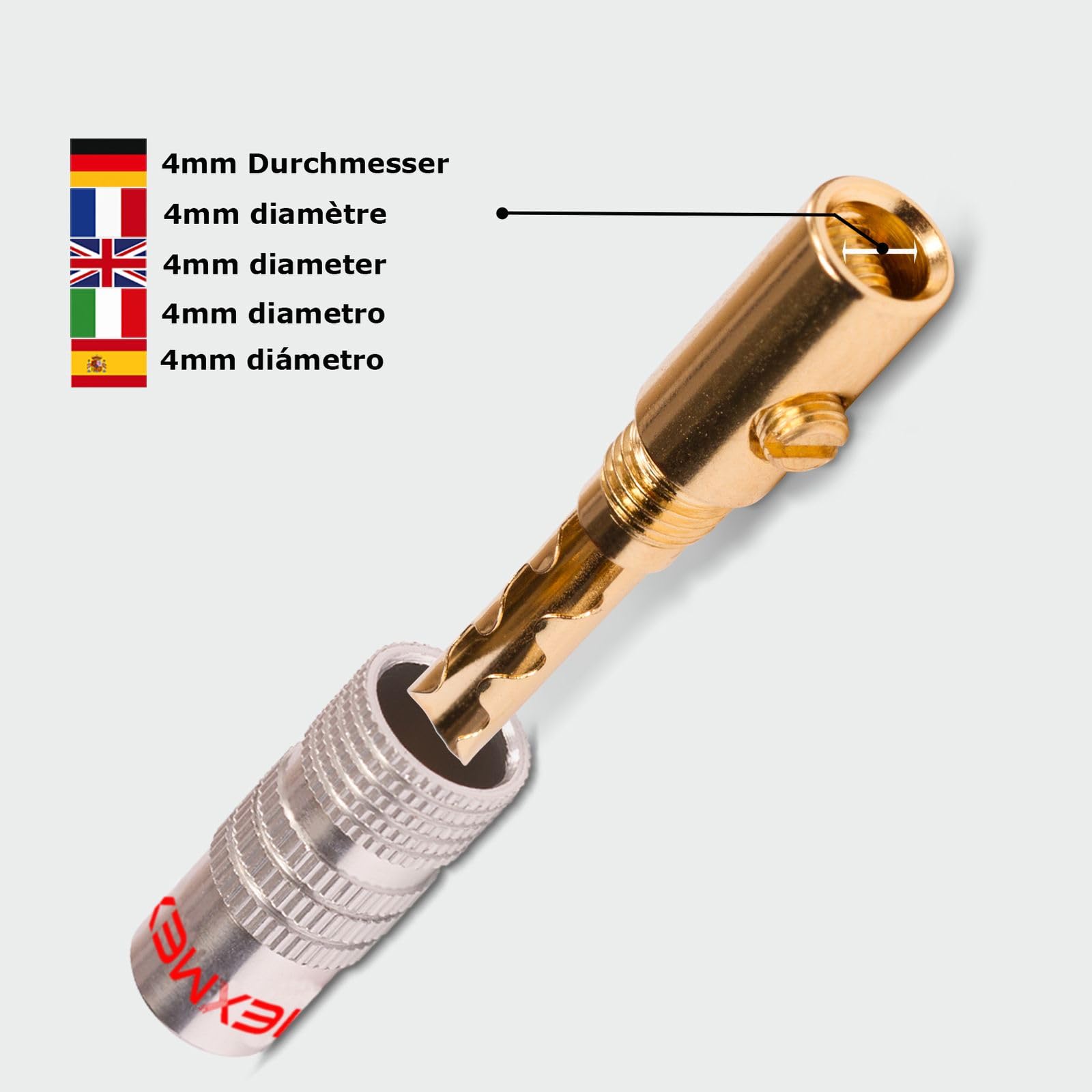 NEXMEX Hohl Bananenstecker 4mm - 20 Stück Stecker als Set - Hohl Steckverbinder 24K vergoldet Hohlbananas für Lautsprecherkabel - HiFi Lautsprecheranschluss
