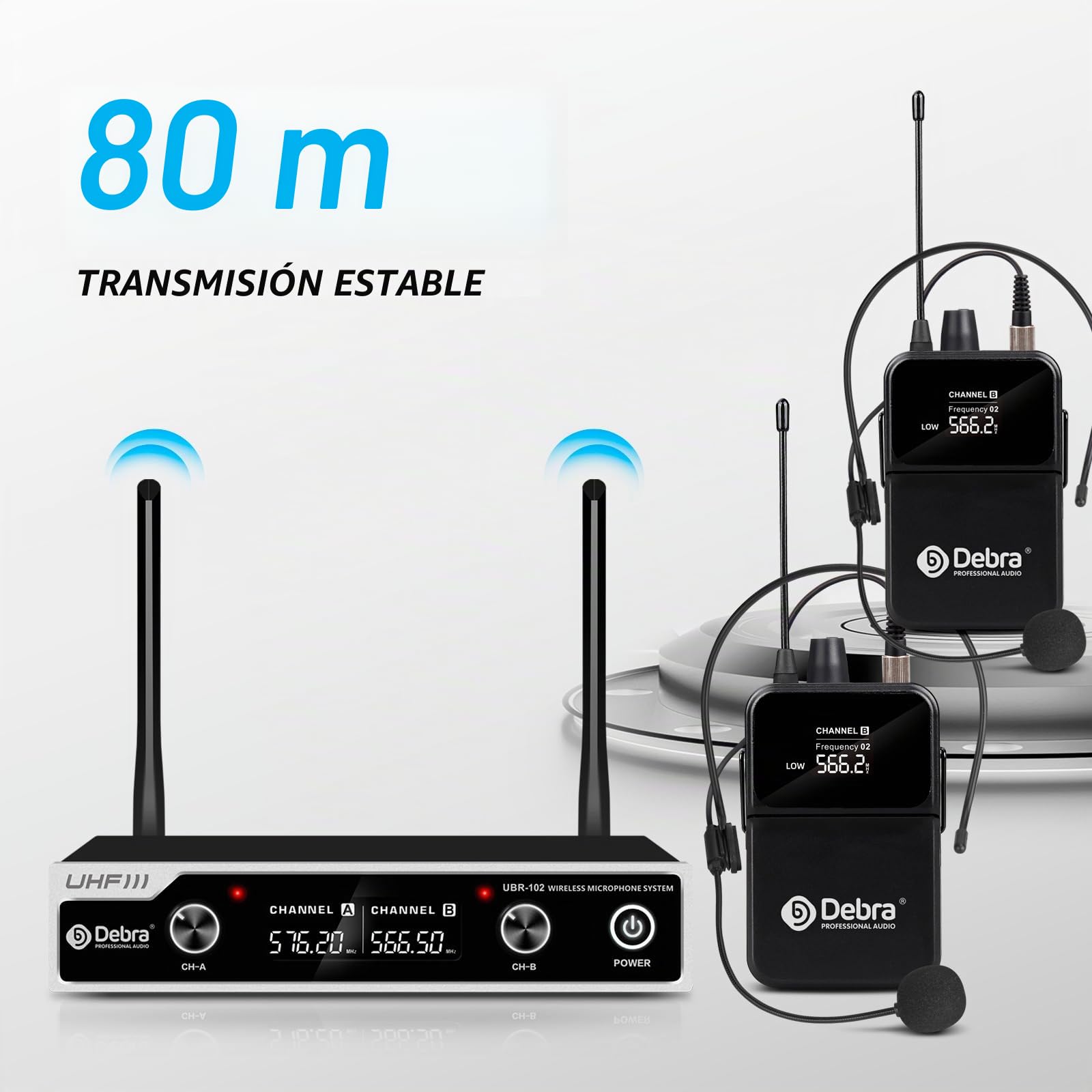 Microfono inalambrico D Debra UHF UBR-102 con micrófonos de mano inalámbricos de diadema Lavalier, 260ft Rango, Adecuado para la Iglesia, Conferencias, Karaoke, Bodas, DJ, y Bares (2 Bodypack)