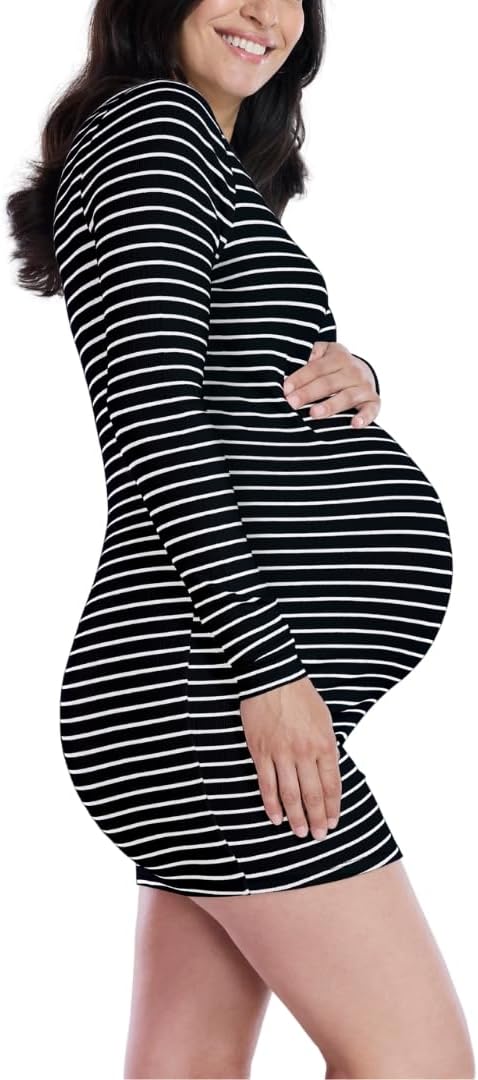 Motherhood Maternity Womens Long Sleeve Rib Knit Mini Pregnancy Bodycon Dress Large Black White Stripe