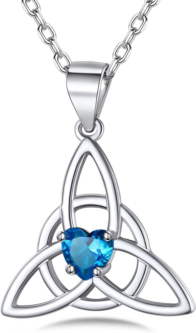 Bestyle Silver Celtic Cross Necklace with 12 Month Heart Birthstone, Dainty Celtic Birthstone Necklace Silver Chain for Women Faith Irish Amulet Lucky Birthstone Jewelry