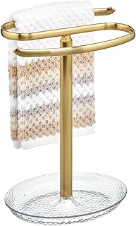 mDesign Portasciugamani da appoggio per bagno degli ospiti – Piccolo porta asciugamani in metallo e plastica – Appendi asciugamani per il lavello con due anelli – ottone/trasparente
