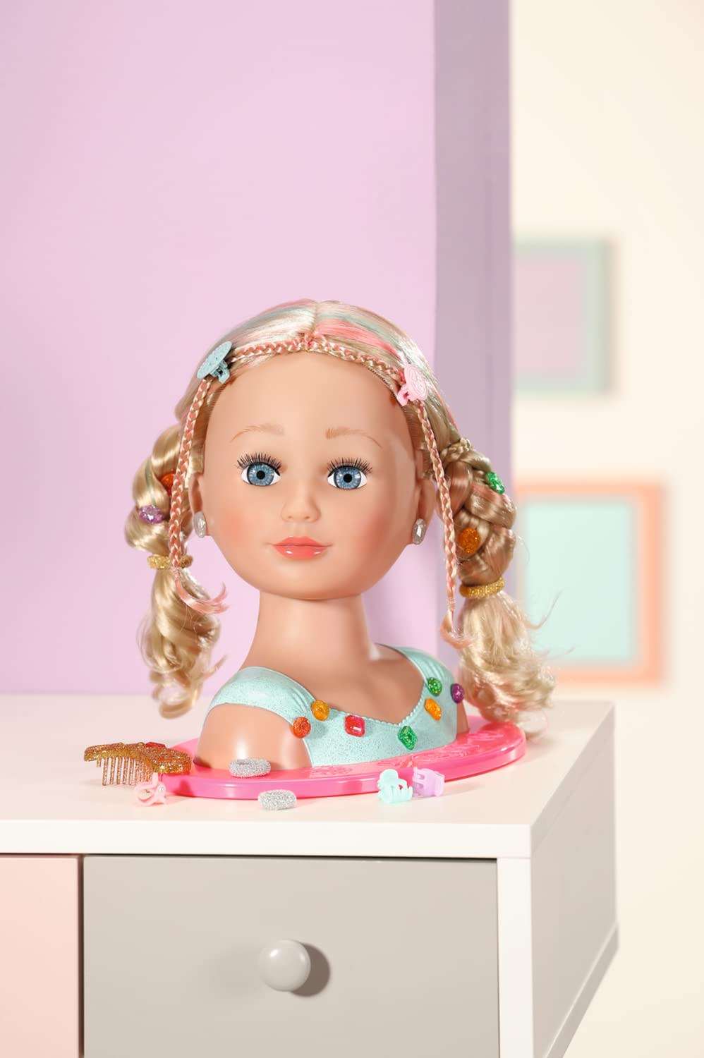BABY Born Styling Head Głowa do Makijażu dla Dzieci z Długimi Blond Włosami, Paleta, Szczotka i Akcesoria