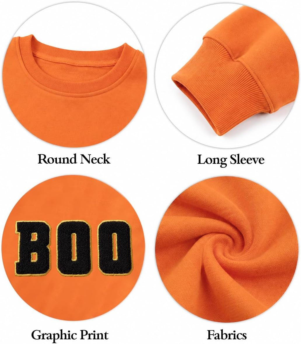 MYHALF Halloween Sweatshirt for Women Boo Embroidered Sweaters Cute Spooky Season Shirt Long Sleeve Fall Winter Pullover Tops
