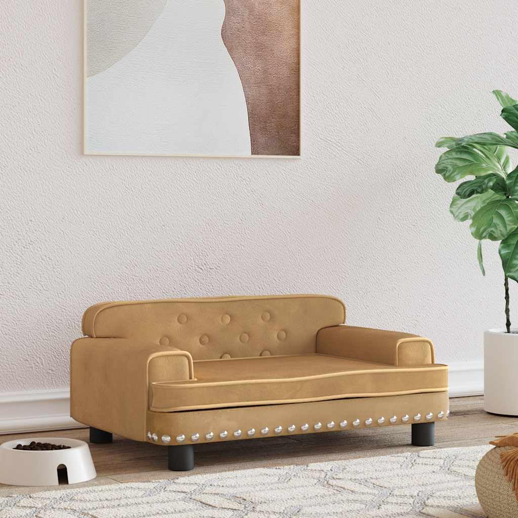 Cuccia per cani in velluto marrone con schiuma, 70 x 45 x 30 cm, robusto divano in legno di pino per cani di piccola taglia, antiscivolo, lavabile, ideale come cuccia per animali domestici