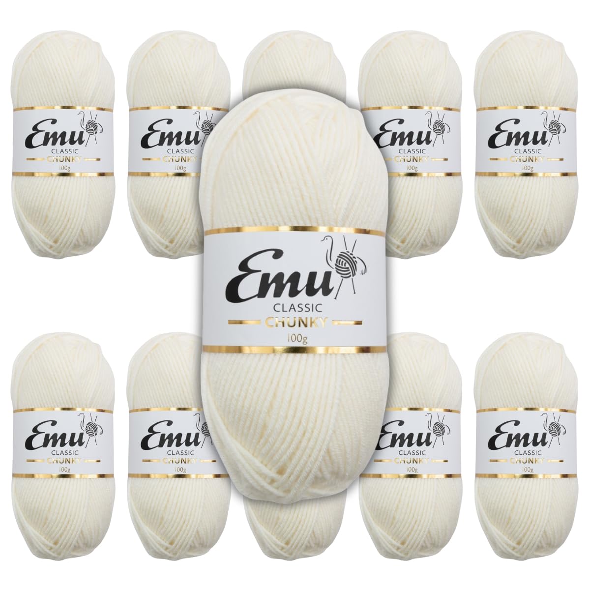 Emu Classic Chunky Acrylic Yarn 100g Balls 164m, Pack of 10, Cream - 102