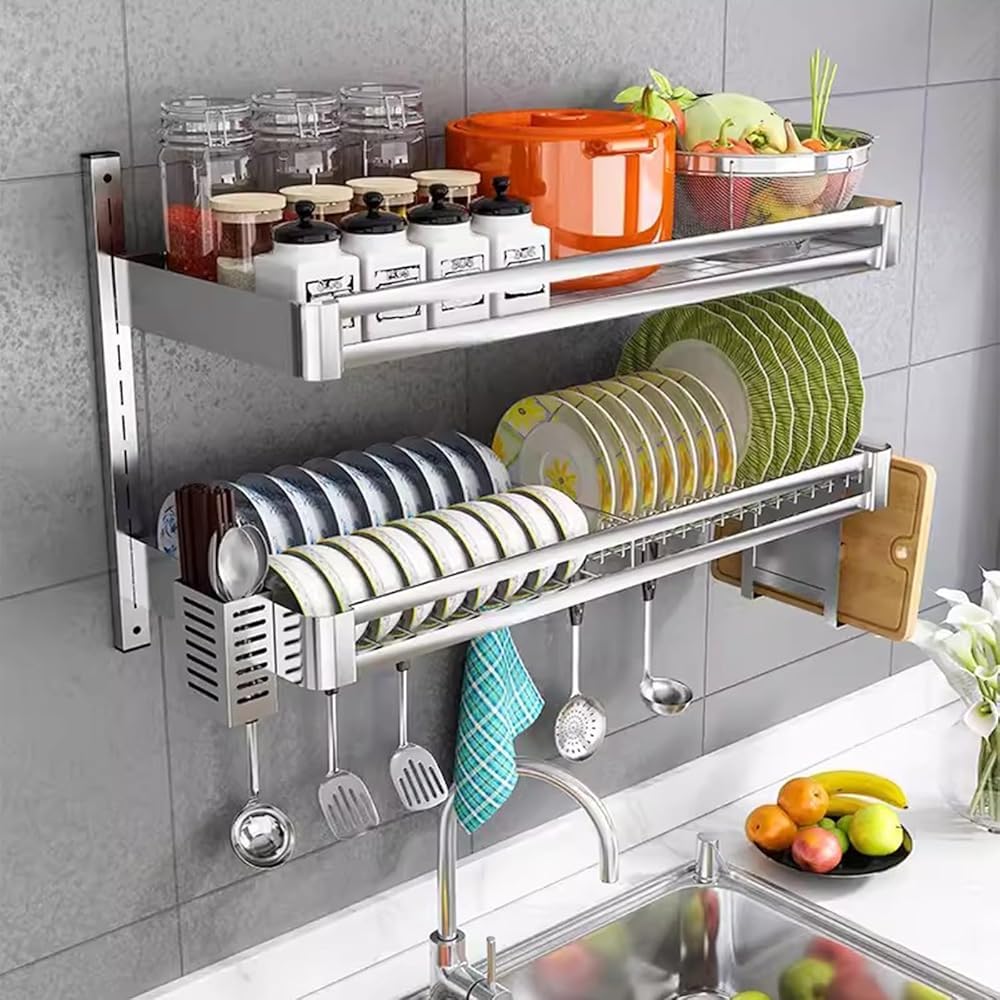 TIANQIHAO 2-Tier Stainless Steel Wall Mounted Dish Rack, Adjustable Over Sink Drying Shelf With Utensil Nizer, Kitchen Storage Space Saver,80x30x50cm