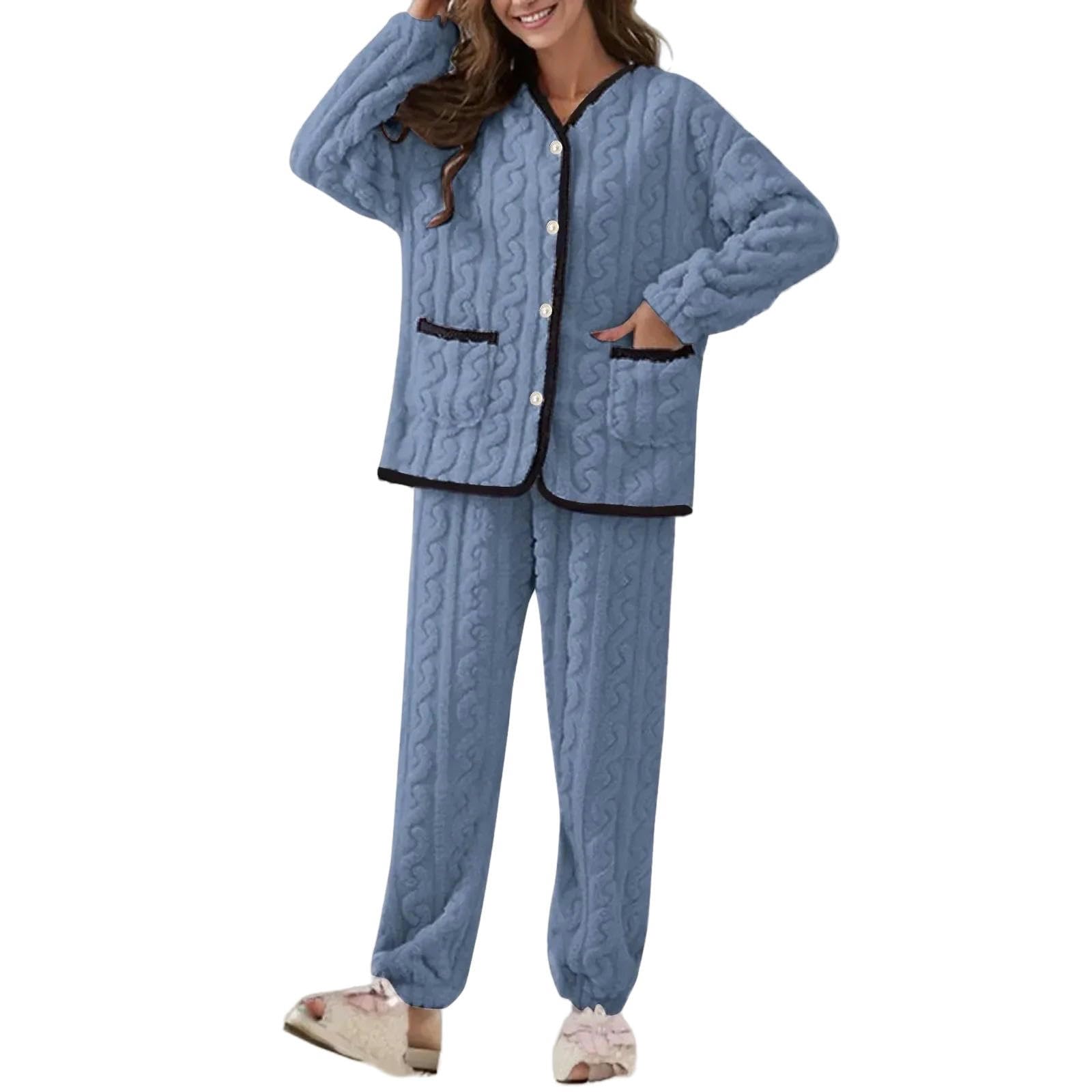 MdybF Pijamas de Mujer de Algodon Bolsillo De Pijama 2 Ropa Casual Pijama Largo Pijama Esponjoso Traje De Calentamiento Manga Cálida Traje De Invierno Femenino Otoño