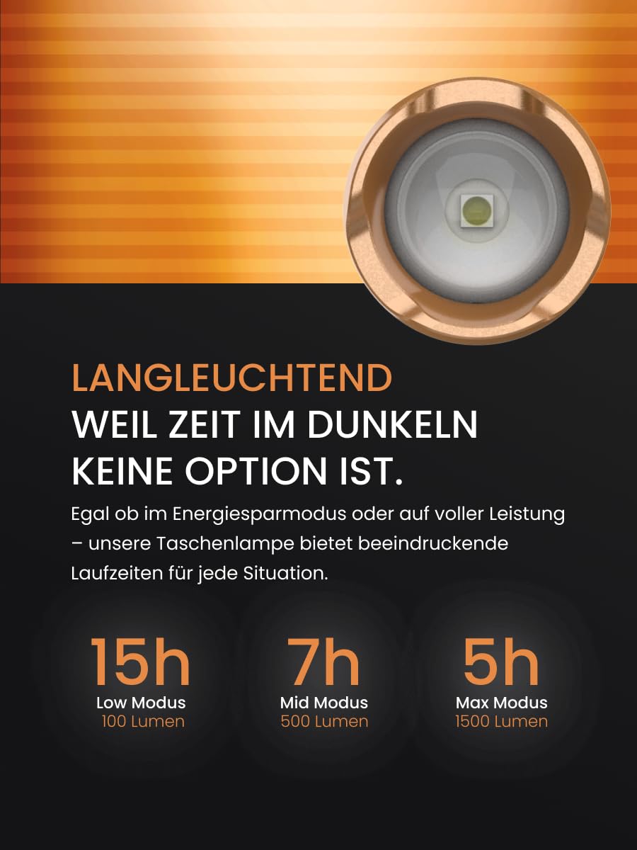 Duracell Linterna LED DF1500R Pro – 1500 lúmenes, enfocable, alcance de 145 m, recargable por USB-C, batería de ion de litio 21700, varios modos de luz, a prueba de salpicaduras, incluye caja de