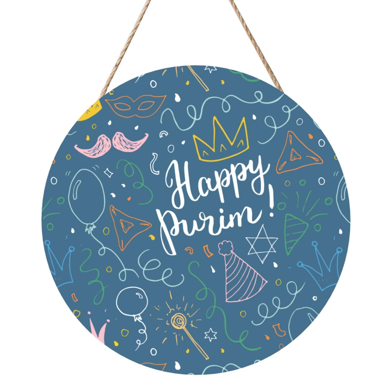Happy Purim Day Jewish Carnival Door Signs Plaques Wood Welcome Sign For Front Door Wall Hanging For Home Farmhouse Office Classroom Party Decoration