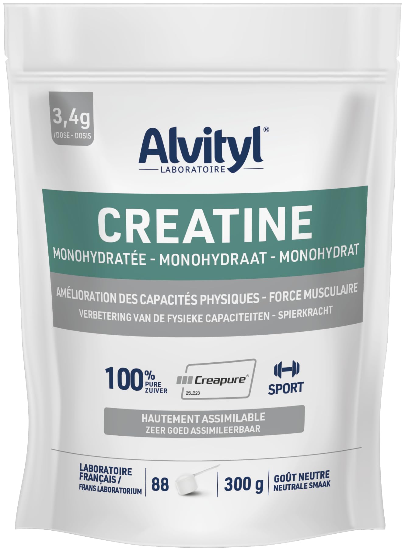 Alvityl Créatine Monohydratée Creapure 100% Pure Poudre 88 portions 300 g | Creapure® hautement assimilable, goût neutre, 3 g/jour, améliore les performances physiques, excerices hautes intensités