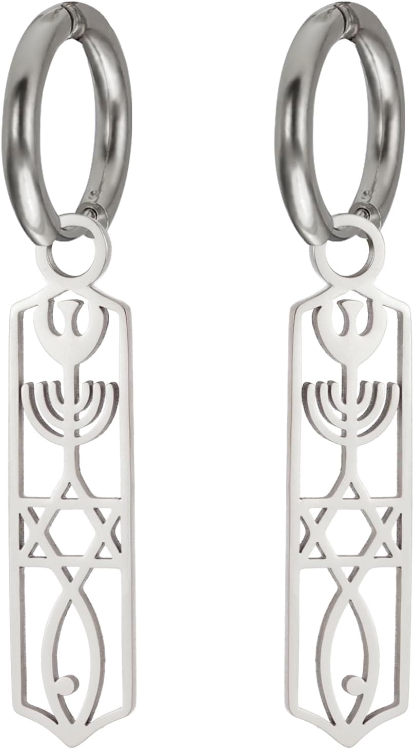 Messianic Seal Dangle Drop Earrings Star Of David Jesus Fish Menorah Earrings Messianic Seal of Jerusalem Earrings Jewish Religious Amulet Hanukkah Jewelry Gift for Women