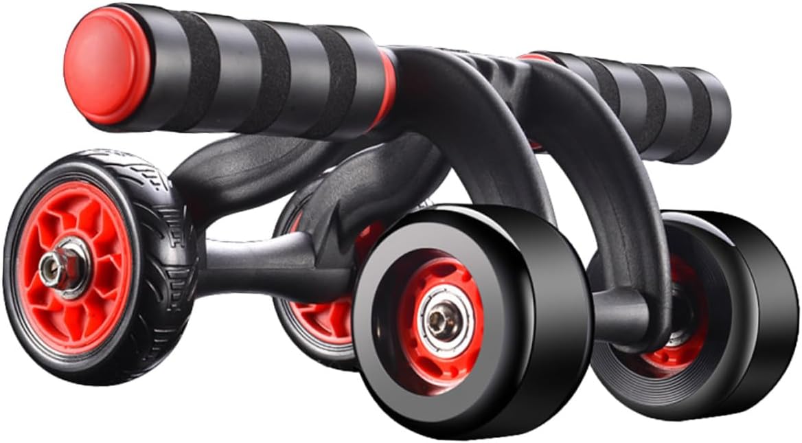 Automatic Rebound Four-wheel Abdominal Muscle Roller with Non-slip Handles and Knee Mat Silent Fitness Wheel for Core Strength Weight Loss and Home Exercise Training Black
