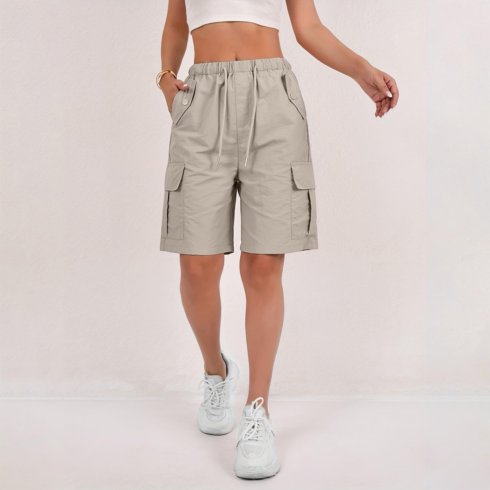 Womens Cargo Shorts Plus Size Lightweight Summer Bermuda Shorts with Pockets Knee Length Ripstop Hiking Short Cargo Bermuda Short for Women Baggy Comfy Elastic Waist Pants Tactical Pants