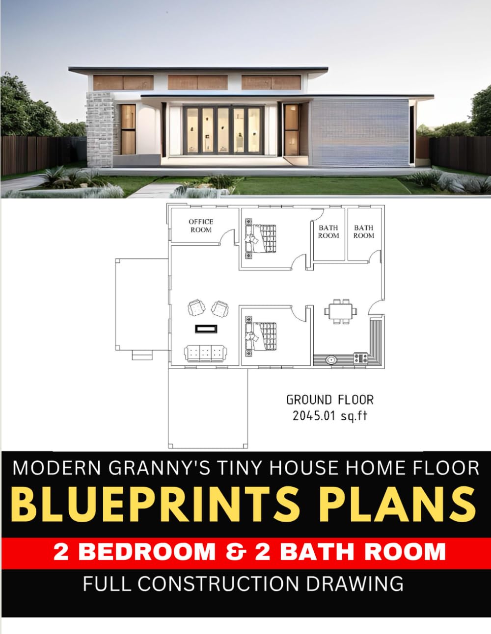 Modern Granny's Tiny House Home Floor blueprints plans 2 Bedroom & 2 bath room with AUTO CAD File: Full Construction Drawing