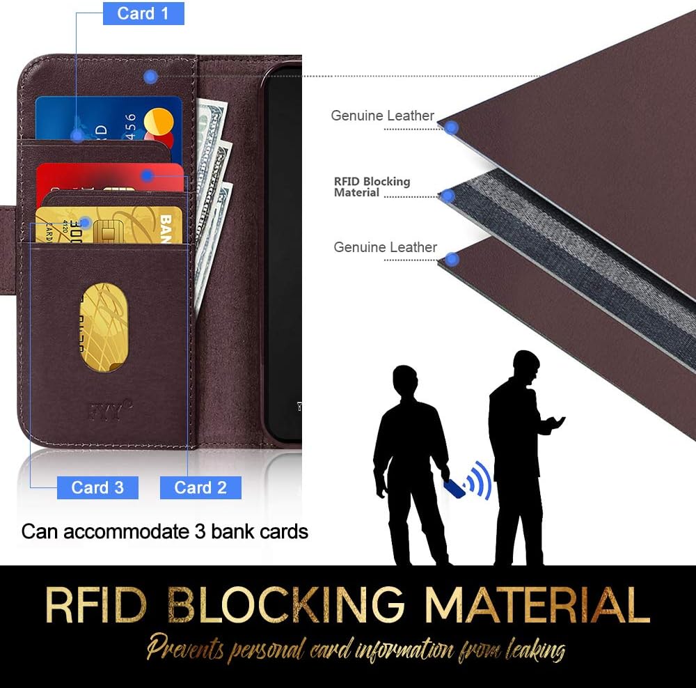 Buy 2 get 3 FYY Case Compatible with iPhone 12/12 Pro 6.1, Luxury [Cowhide Genuine Leather][RFID Blocking] Wallet Case, Flip Case Cover with [Kickstand Function] and [Card Slots] for iPhone 12/12 Pro 5G Brown