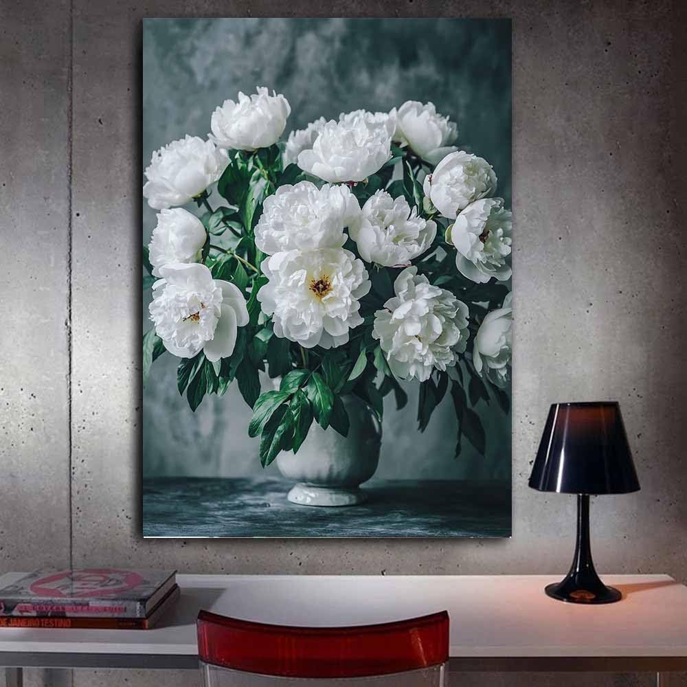 WUFIEA Semplice arte botanica Stampe su Canvas Peonie bianche per Camera da Letto Agriturismo Soggiorno Bagno(bianco)-60x90cm Incorniciato