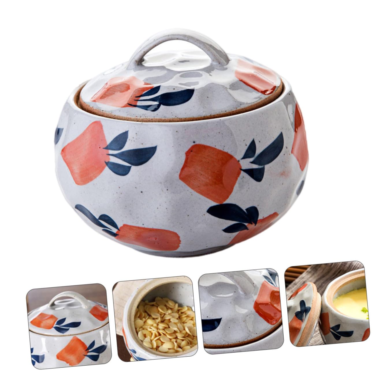 SOLUSTRE Ciotola per Stufato in Porcellana Giapponese con Coperchio, Ciotola per Zuppa e Dessert, Design Antiscivolo per Cucina Domestica