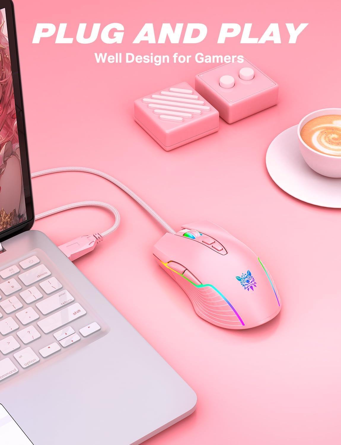 Pink Wired Gaming Mouse, USB Optical Computer Mice with RGB Backlit, 6 Adjustable DPI Up to 6400, Ergonomic and Cute Girls Mouse with 7 Programmable Buttons for PC/Laptop/Windows/Mac