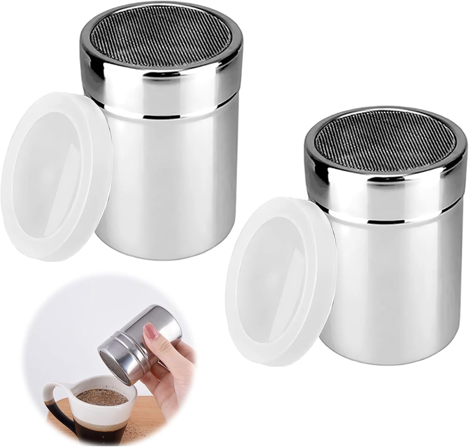 2 sztuki cukierniczek puder ze stali nierdzewnej z pokrywką – kakao do cappuccino, cukierniczki i przypraw z drobnym sitkiem do kakao, cynamonu, cukru pudru, mąki, kawy, czekolady, deserów