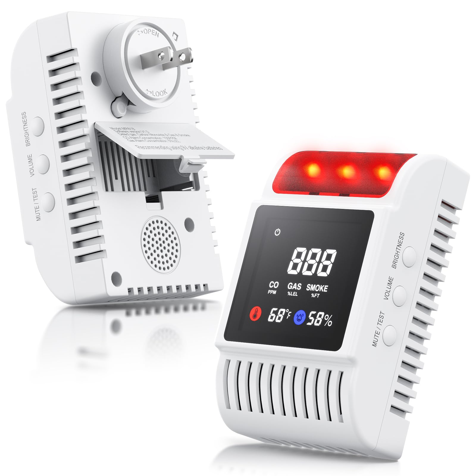 6-in-1 Smoke and Carbon Monoxide Detectors Plug in, Gas Leak Detector with Battery Backup Slot, Adjustable Brightness &amp; Volume Levels, Smoke Alarm with Temp/Humidity for Home, RV, Travel(MR818,1-Pack)