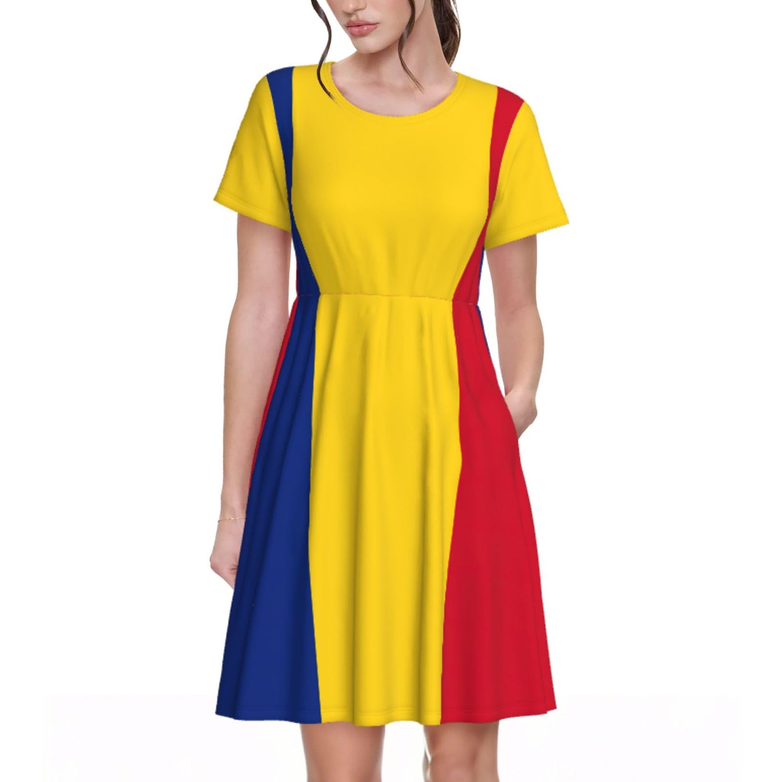 Flag of Romania Womens Summer Dress Casual Swing Short Sleeve Sundresses Beach A-Line Shift Dress with Pockets Black
