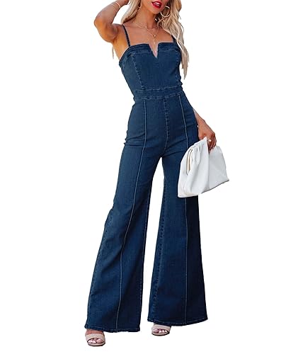 xxxiticat Women's Denim Jumpsuit Sleeveless Spaghetti Straps V Neck Wide