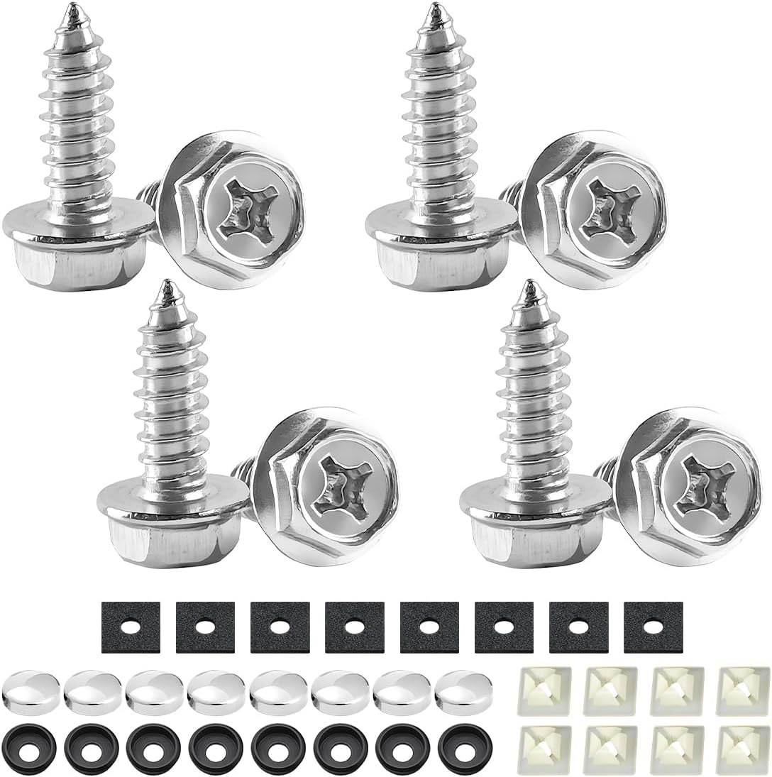 YALOK Anti Theft License Plate Screws Kits 8Sets Rustproof Stainless Steel Car Tag Plate Mounting Hardware, M6 (1/4") Tamper Proof Fastener Nut, Caps Cover for Front Rear Frame Holder (Cross-Silver)