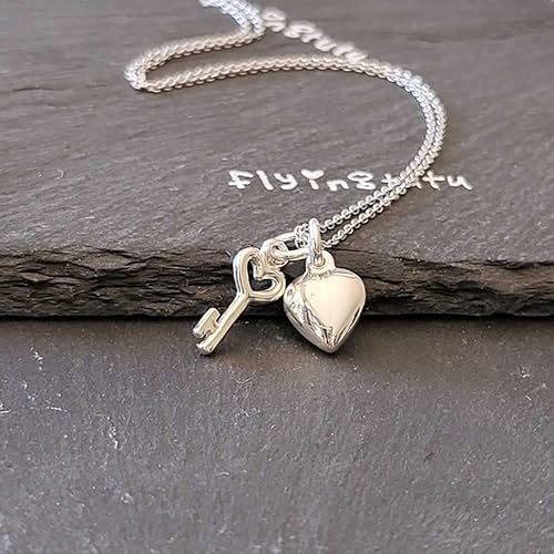 Miniatura 2 de Sterling Silver Tiny Heart Key Charm with Cute Tiny Heart Charm Sterling Silver Necklace, 18"