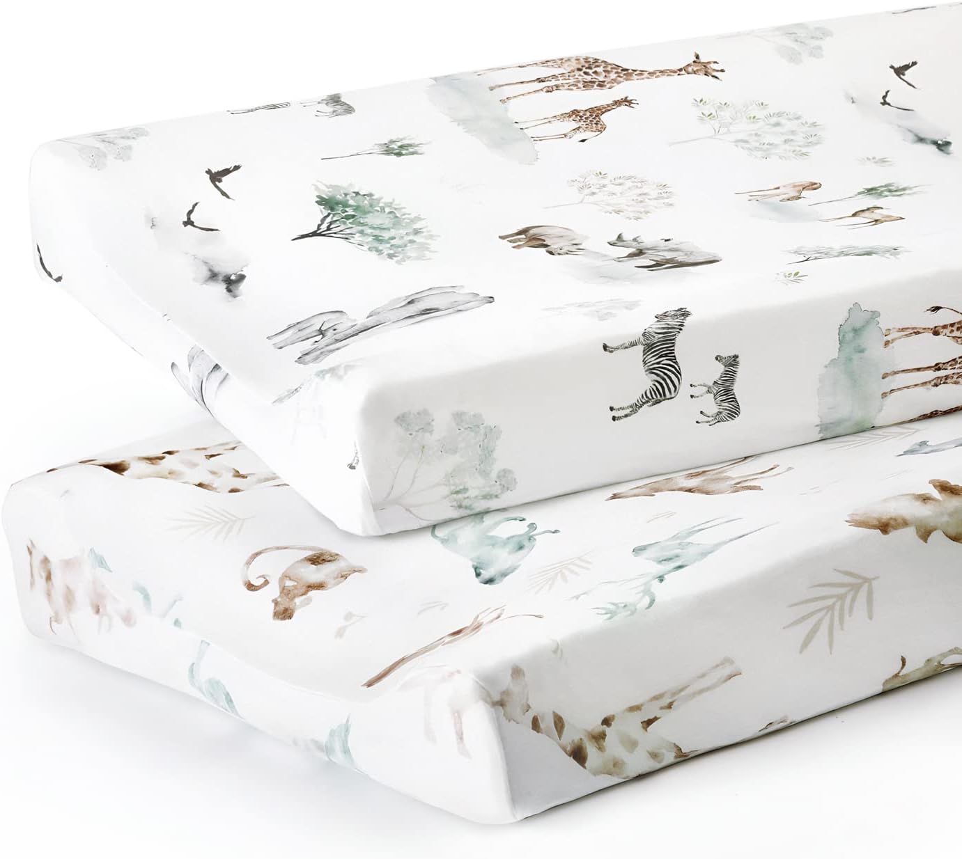 GRSSDER Stretch Ultra Soft Jersey Knit Changing Pad Cover Set 2 Pack, Change Table Pad Covers Fit 32"/34" x 16" Pads Safe and Snug, Stylish Pattern for Boys and Girls, African Savannah Animals