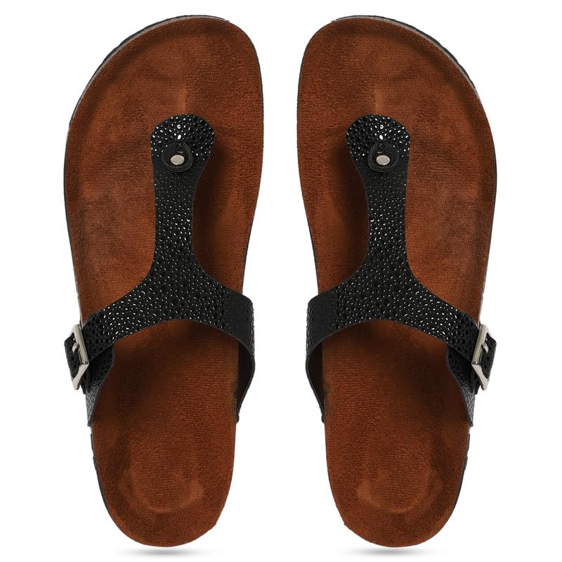 MOZAFIA Black Snowdrop Design Synthetic Leather Comfortable Stylish with Open Toe Casual Flat Sandal & Flip Flops for Women (B0CQD2JMZ3) Amazon Price History, Amazon Price Tracker